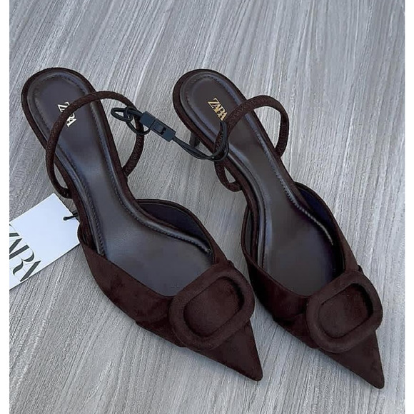 ZARA Dark Brown Pointed Toe Slingback Heels NWT Size 6.5 - Picture 7 of 16